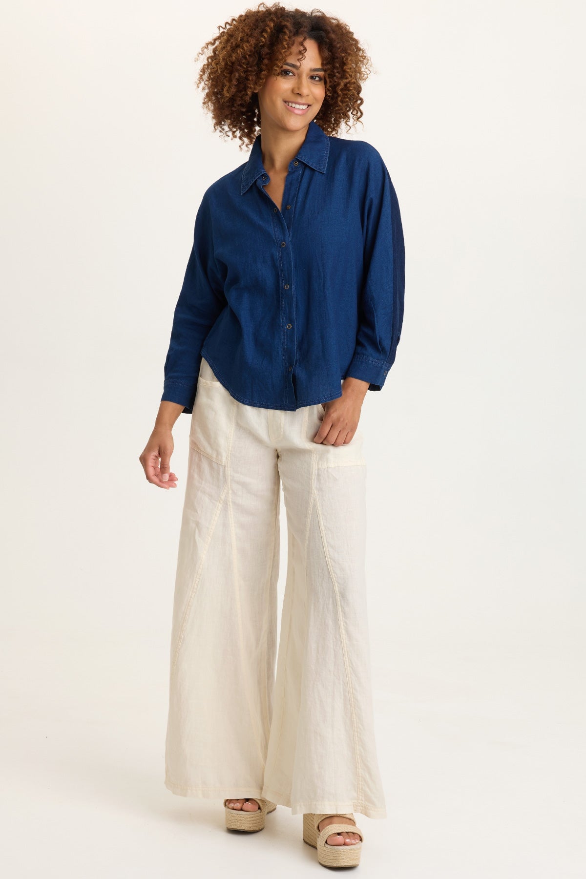 Elaine 100% Linen Godet Seam Pull-On Wide-Leg Pant Toasted Almond - XCVI