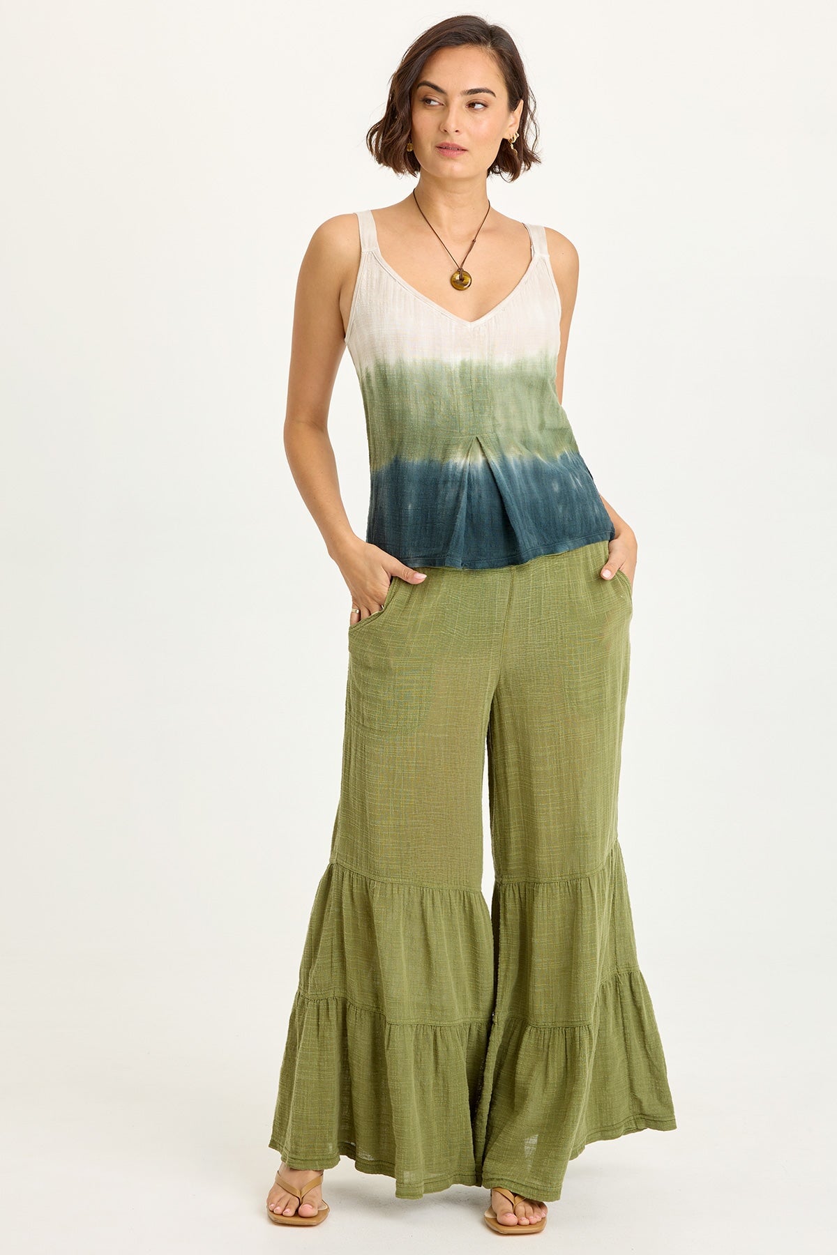 Wearables Lando Cotton Gauze Tiered-Bottom Pull-On Waist Wide Leg Pant Garnish Pigment - XCVI
