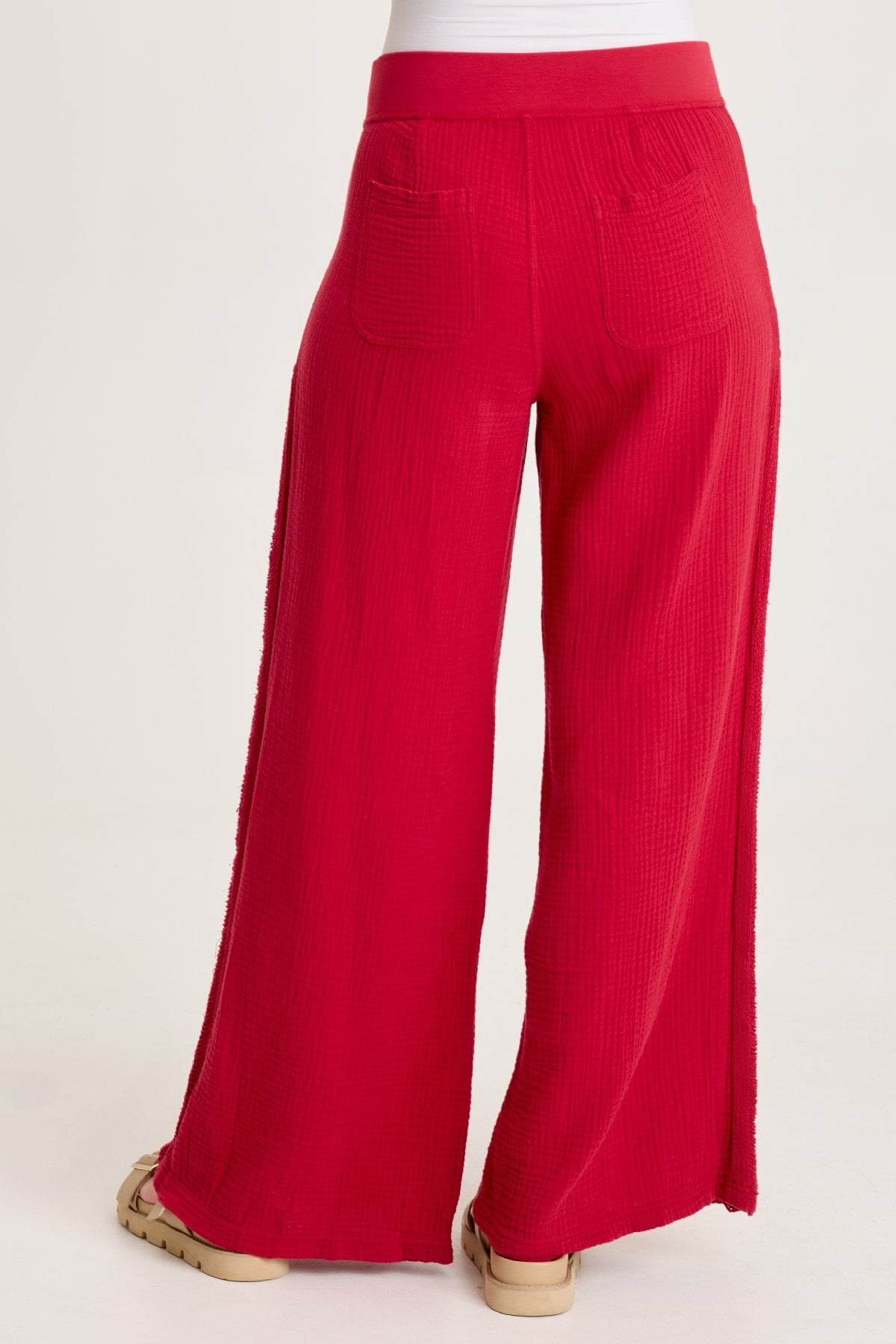 Elu Gauze Ladder Lace Trim Wide-Leg Pull-On Pant Red Garnet - XCVI