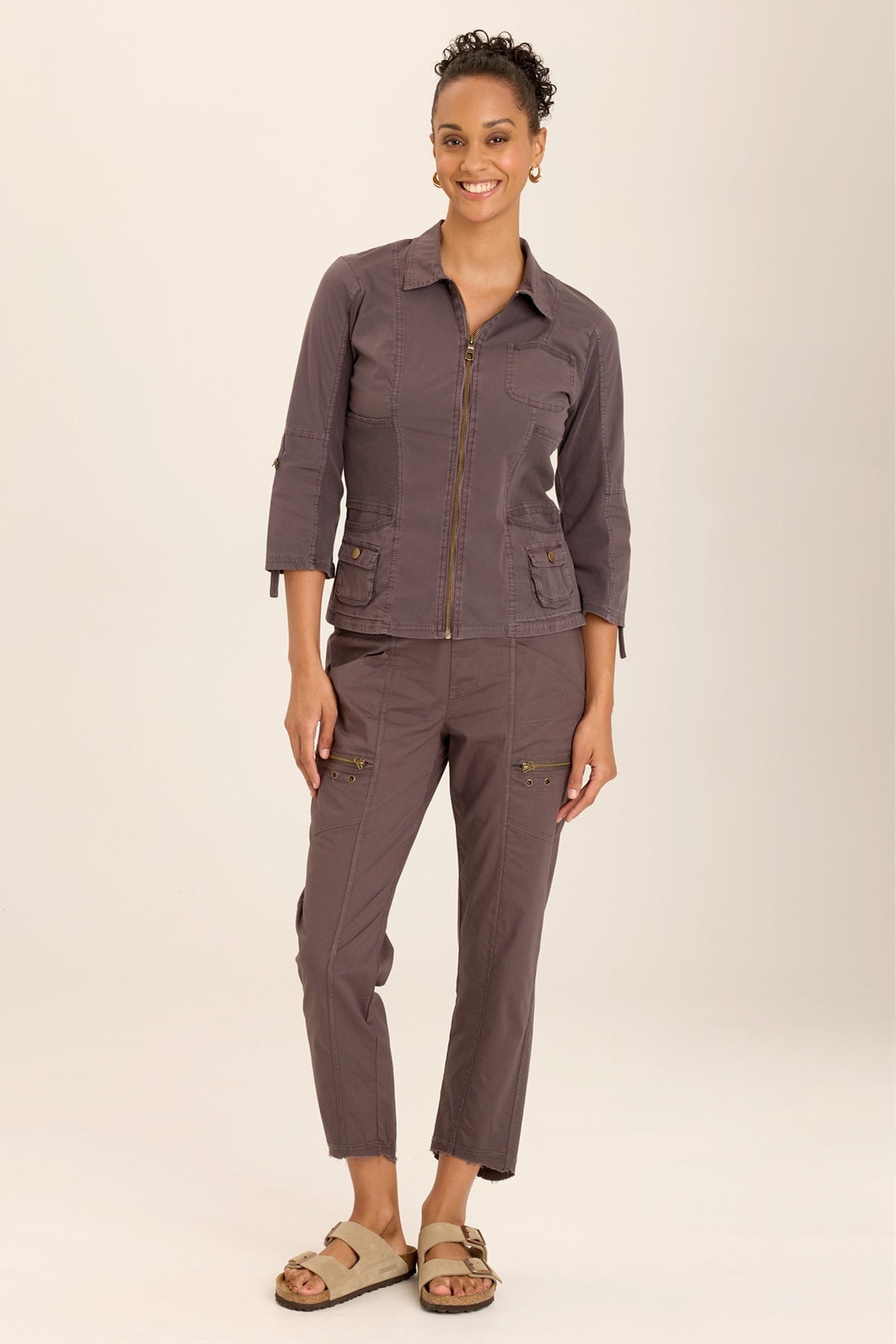 Wearables Wexel Poplin/Stretch Rib Fitted Cargo Jacket with brass hardware and tabbed 3/4 sleeves in Grey Charcoal - XCVI