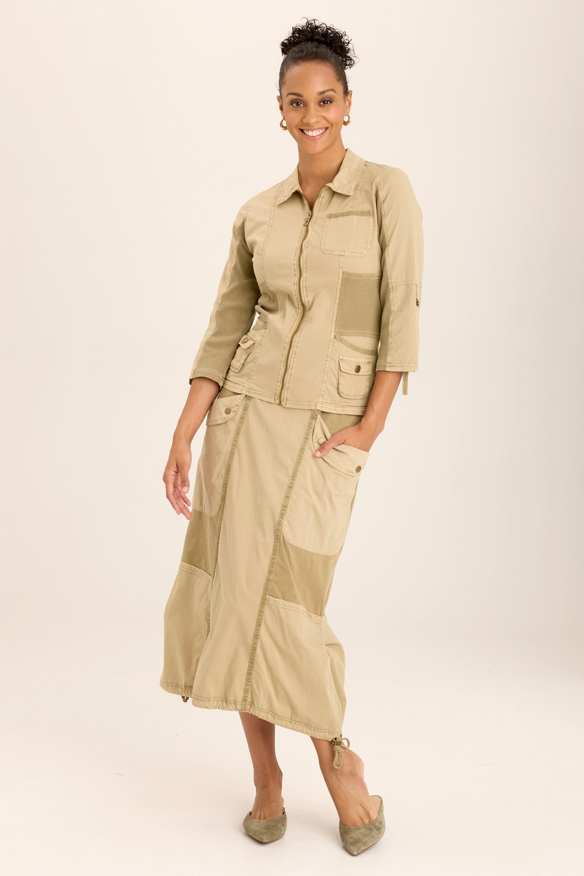 Wearables Wexel Poplin/Stretch Rib Fitted Cargo Jacket with brass hardware and tabbed 3/4 sleeves in Beige Linwood Sands Pigment - XCVI