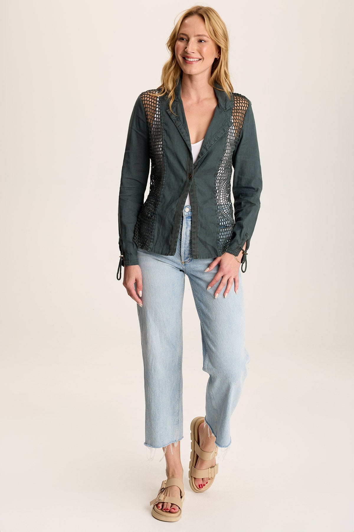 Contessa Blazer – Linen with Crochet Insets & Cinch Back Silken Pine Pigment - XCVI
