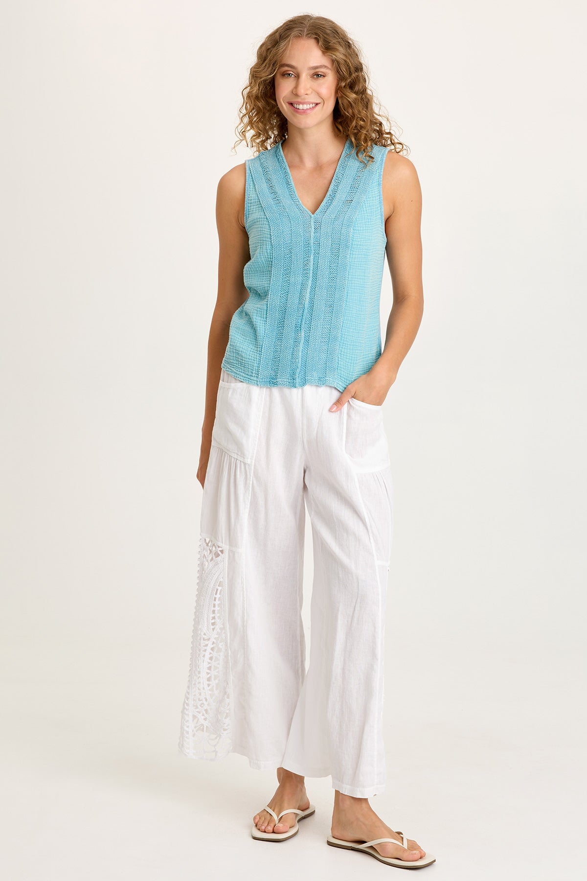 Astro Linen Pant with Crochet Side Detail White - XCVI