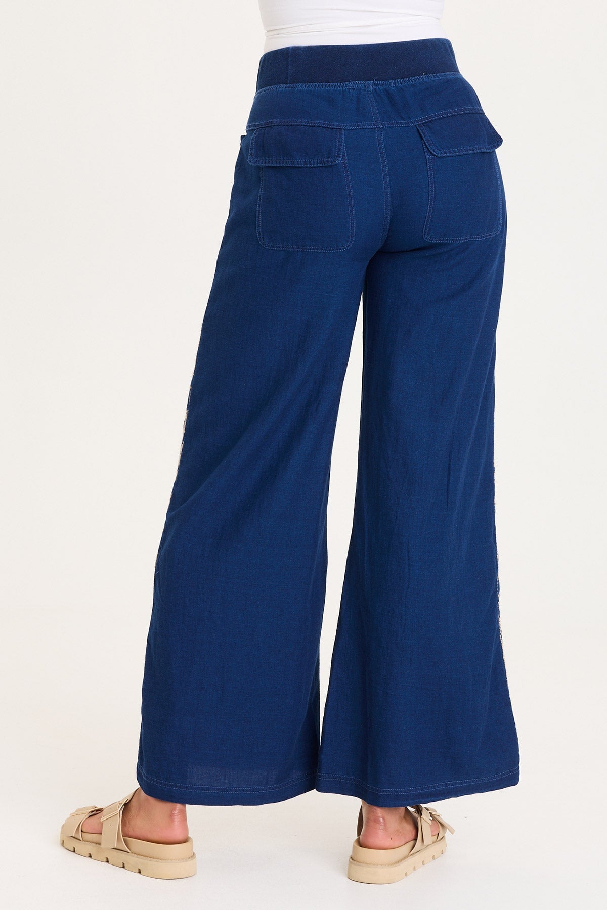 Mock-Denim Embroidered Wide-Leg Pull-On Waist Bonello Pants Sluice Wash - XCVI