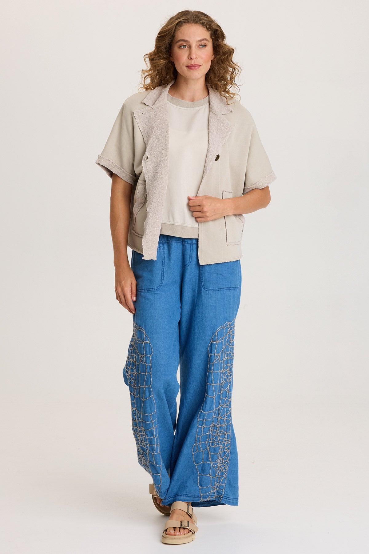 Mock-Denim Embroidered Wide-Leg Pull-On Waist Bonello Pants Etiolate Wash - XCVI
