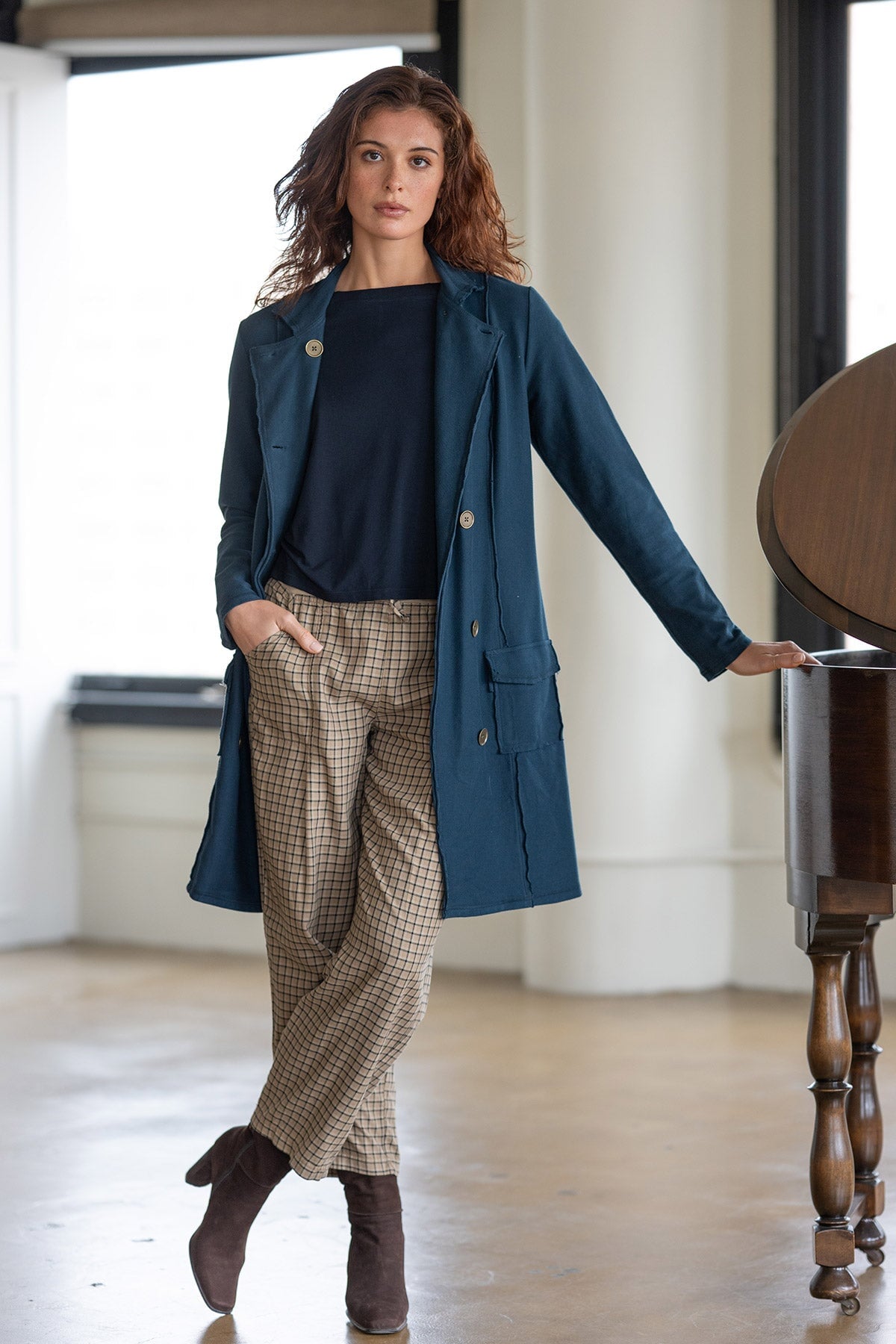 Roda Twill Knit Kick Pleat Long Button-Up Jacket Midnight Blue - XCVI