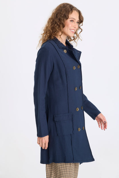 Roda Twill Knit Kick Pleat Long Button-Up Jacket Midnight Blue - XCVI