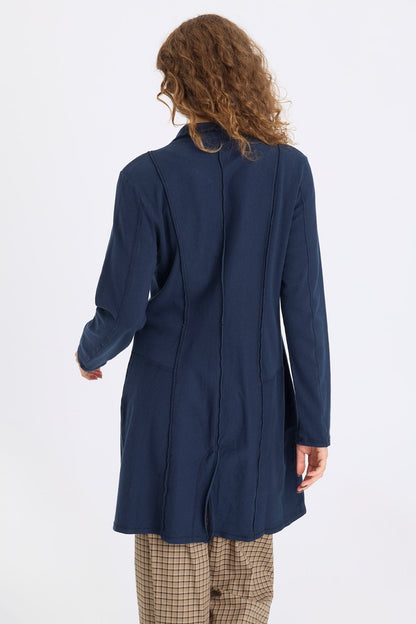 Roda Twill Knit Kick Pleat Long Button-Up Jacket Midnight Blue - XCVI