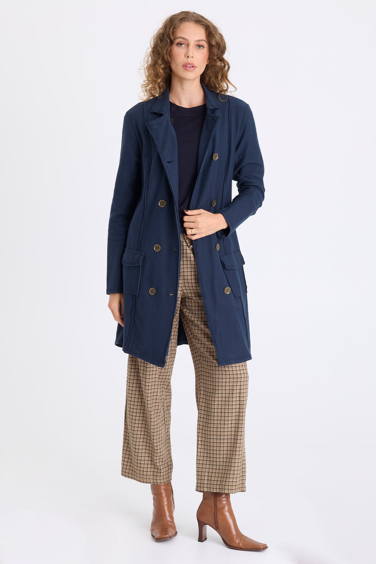 Roda Twill Knit Kick Pleat Long Button-Up Jacket Midnight Blue - XCVI