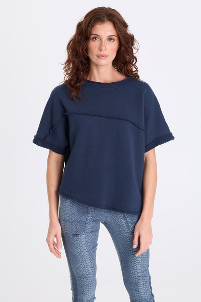 Vita Fleece Diagonal Hem Short Sleeve Pullover Midnight Blue - XCVI