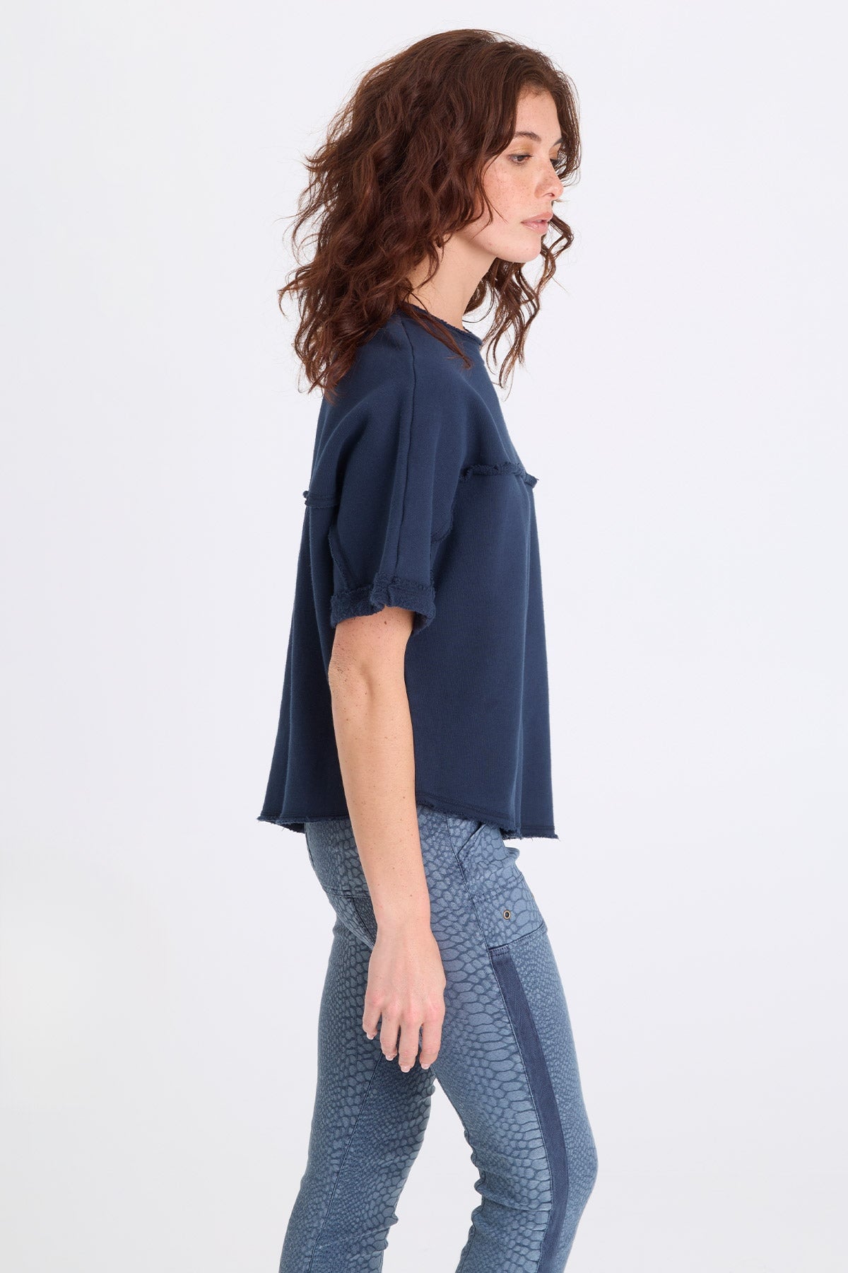 Vita Fleece Diagonal Hem Short Sleeve Pullover Midnight Blue - XCVI
