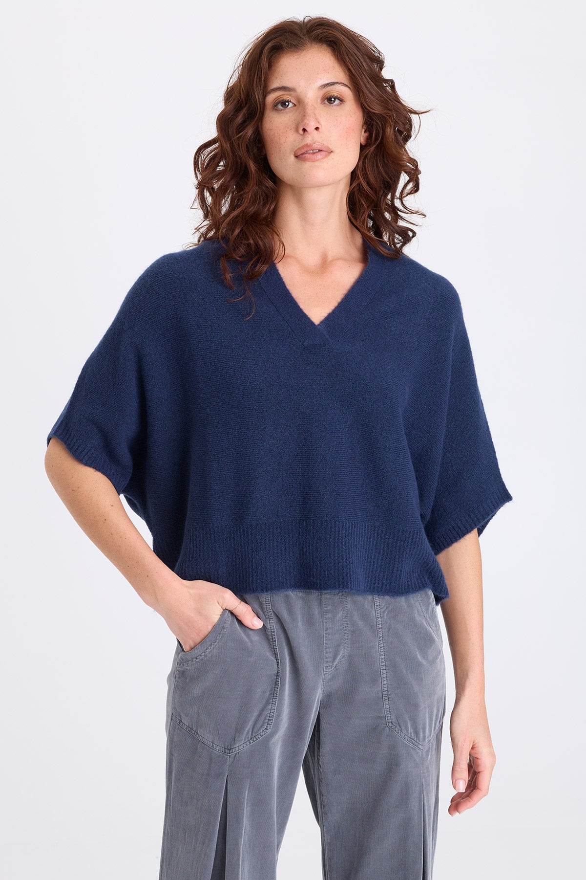 Atemu Sweater Knit V-Neck Poncho-like Short Sleeve Pullover Nocturnal - XCVI