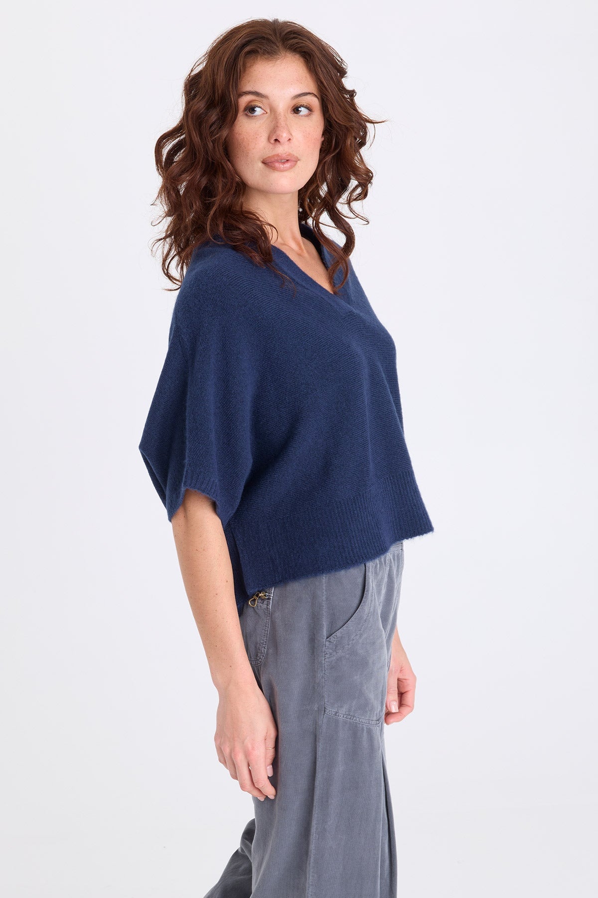 Atemu Sweater Knit V-Neck Poncho-like Short Sleeve Pullover Nocturnal - XCVI