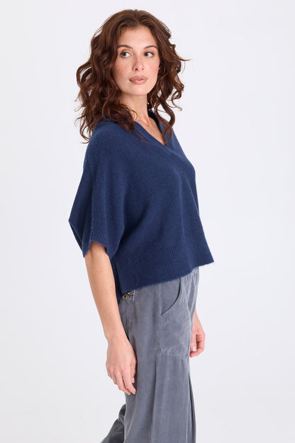 Atemu Sweater Knit V-Neck Poncho-like Short Sleeve Pullover Nocturnal - XCVI