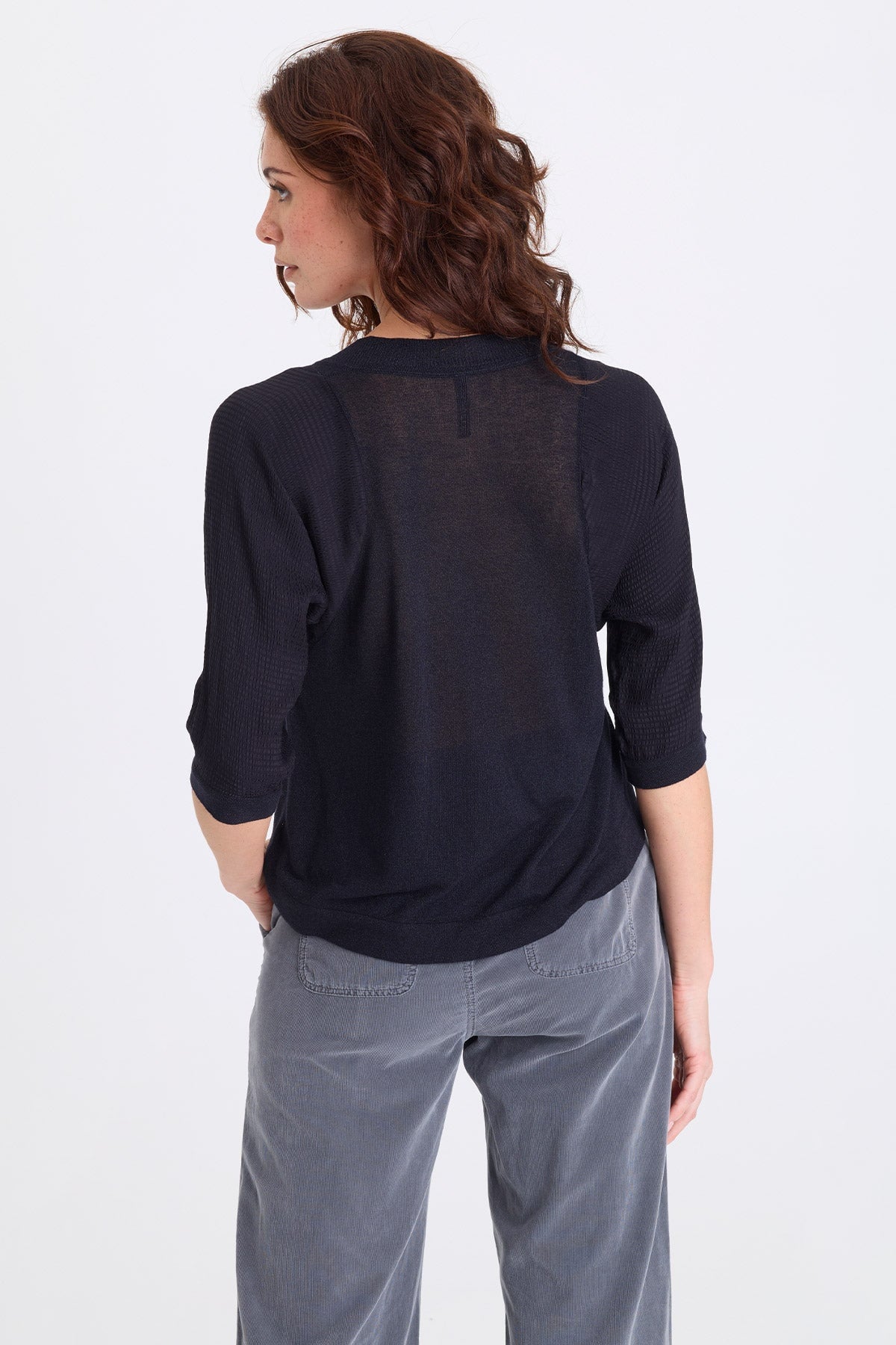 Mer Vivi Stripe V-Neck Light Sweater-Knit Top Midnight Blue - XCVI