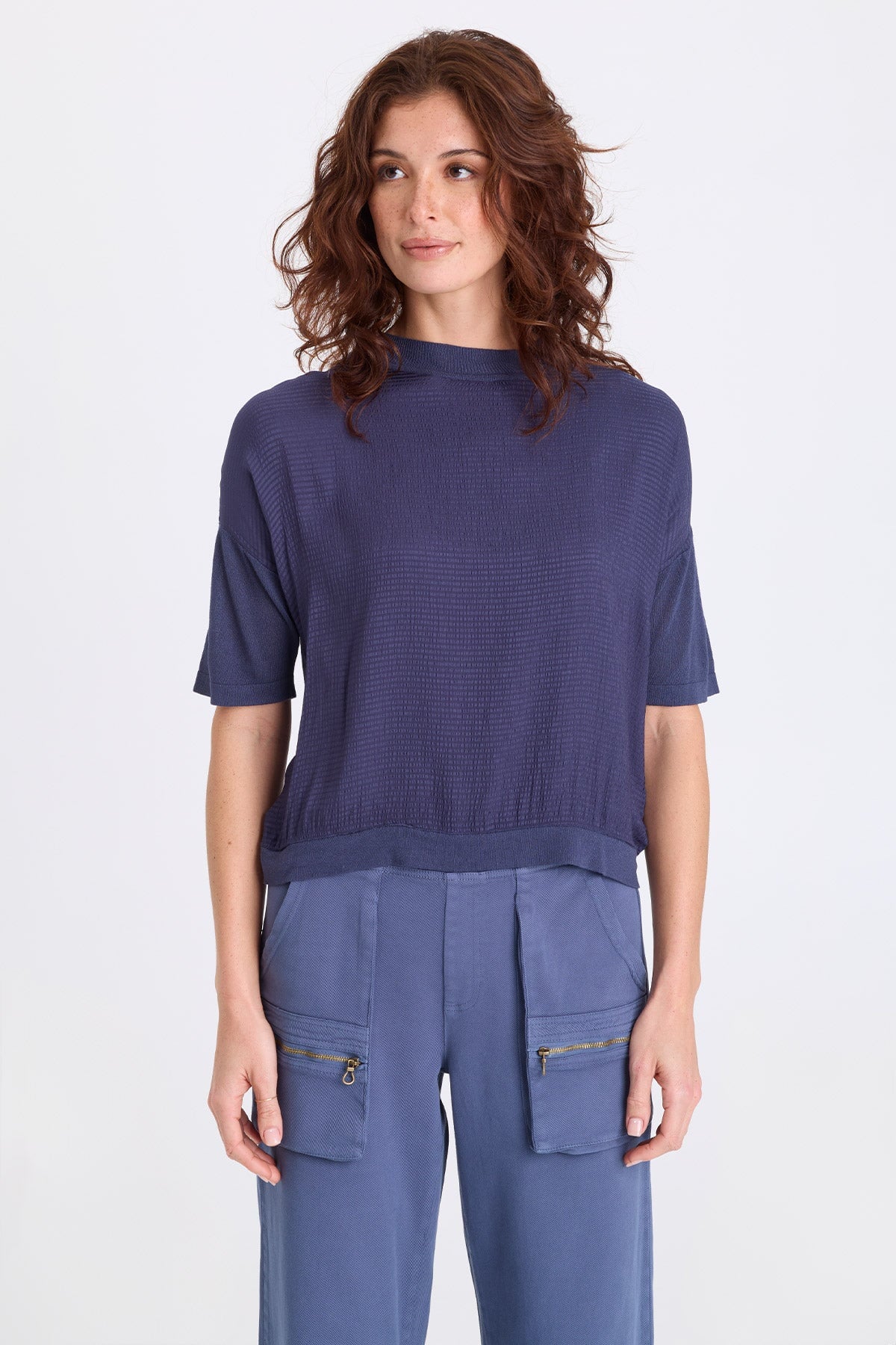Basilia Vivi Stripe and Light Knit Short Sleeve Top Bluestone - XCVI