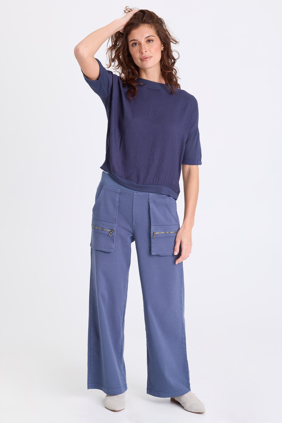 Basilia Vivi Stripe and Light Knit Short Sleeve Top Bluestone - XCVI