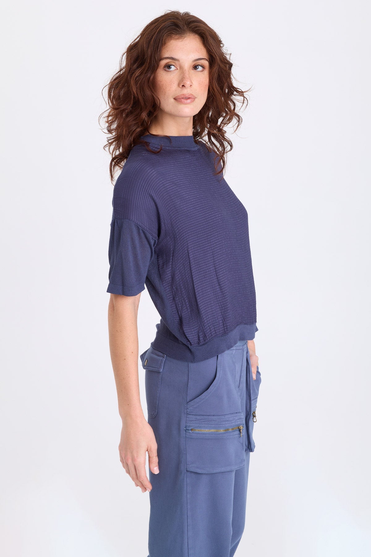 Basilia Vivi Stripe and Light Knit Short Sleeve Top Bluestone - XCVI