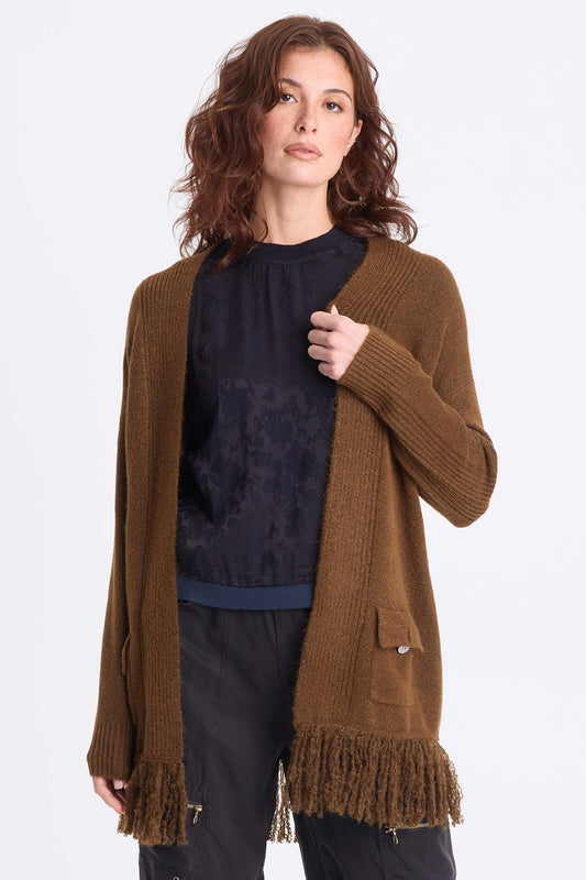Bakari Sweater-Knit Fringe Cardigan Mocha - XCVI