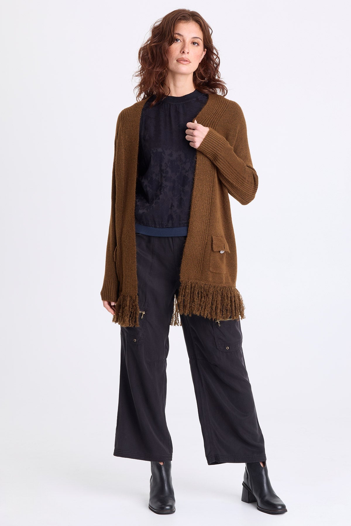 Bakari Sweater-Knit Fringe Cardigan Mocha - XCVI