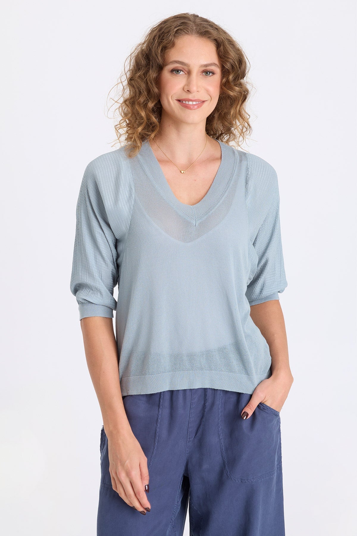 Mer Vivi Stripe V-Neck Light Sweater-Knit Top Sky Light - XCVI
