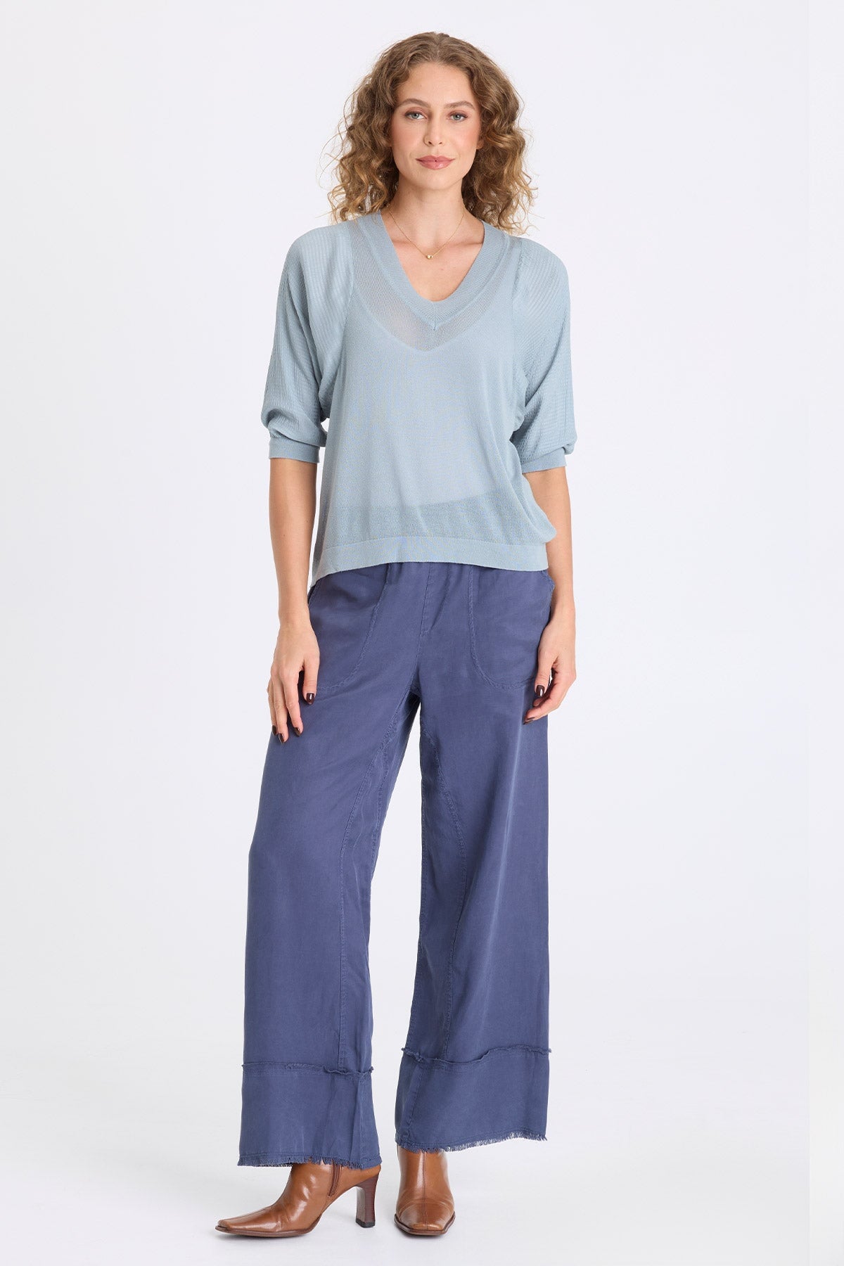 Mer Vivi Stripe V-Neck Light Sweater-Knit Top Sky Light - XCVI
