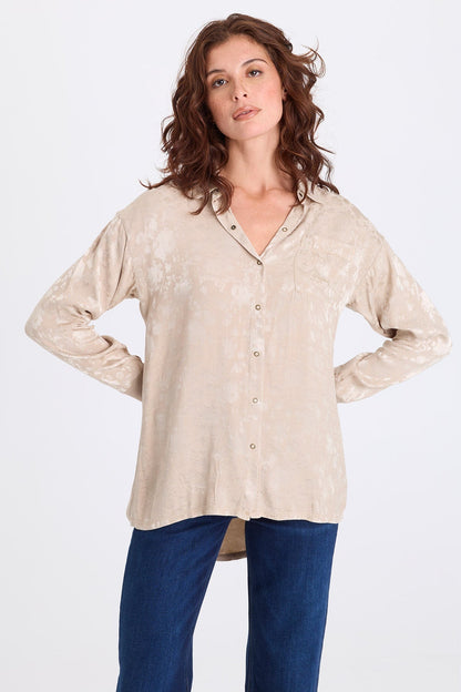Neptune Textured Satin Snap-Up Blouse Merino Wool Pigment - XCVI