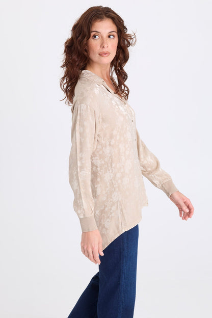 Neptune Textured Satin Snap-Up Blouse Merino Wool Pigment - XCVI