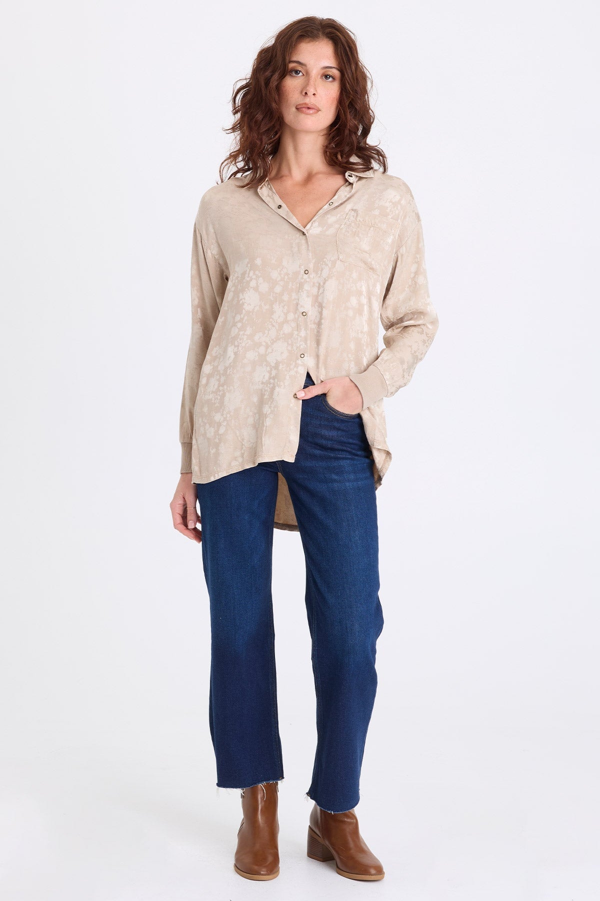 Neptune Textured Satin Snap-Up Blouse Merino Wool Pigment - XCVI