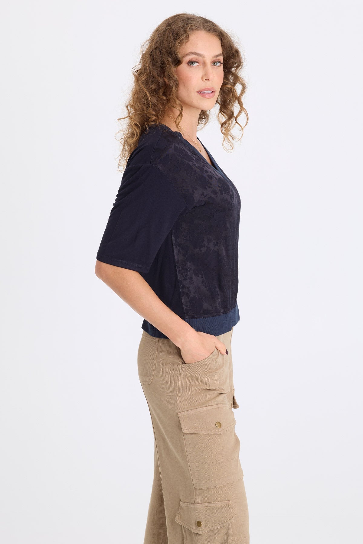 Obi Textured Satin V-Neck Short Sleeve Tee Midnight Blue - XCVI