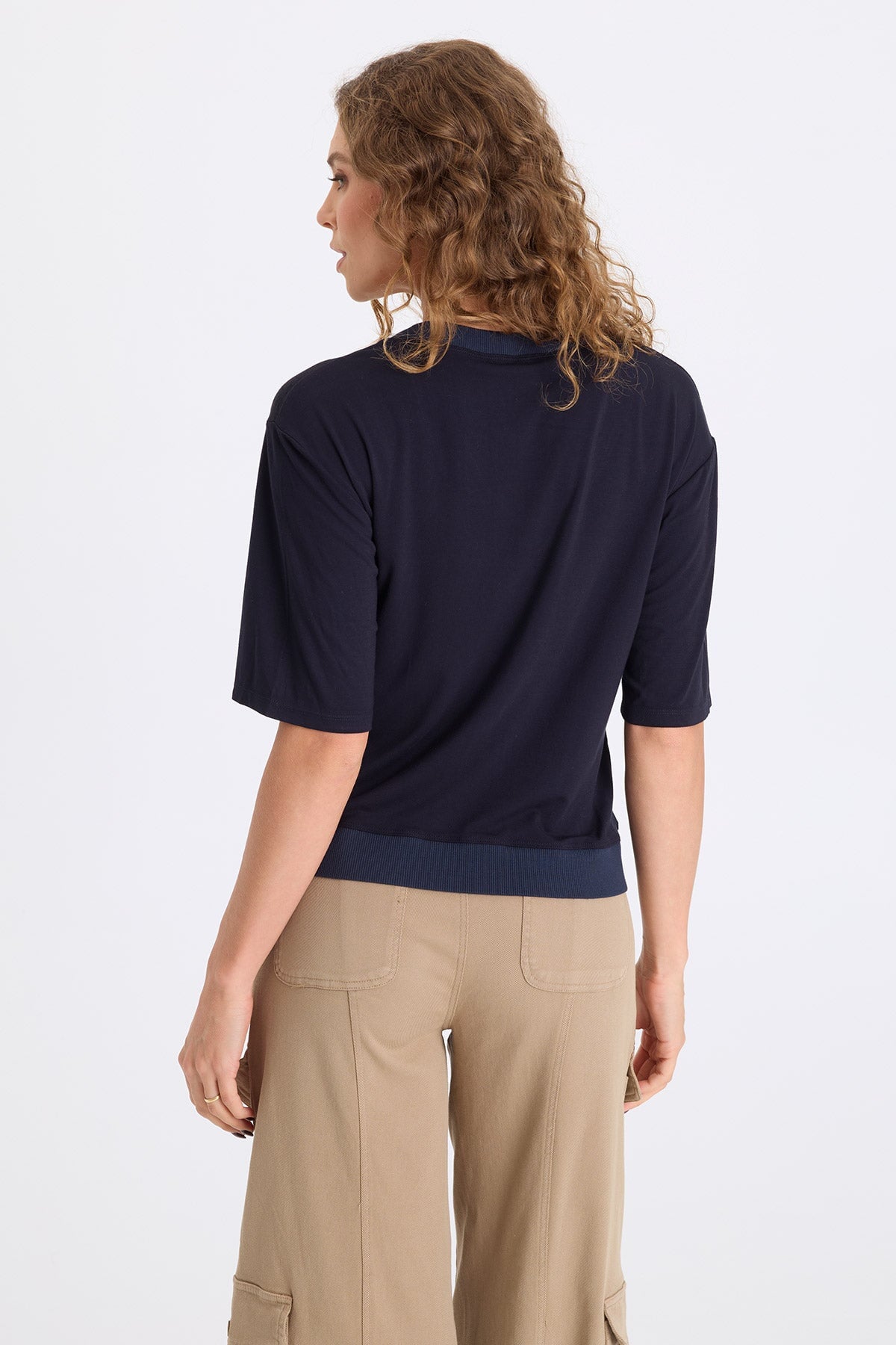 Obi Textured Satin V-Neck Short Sleeve Tee Midnight Blue - XCVI