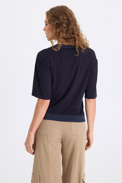 Obi Textured Satin V-Neck Short Sleeve Tee Midnight Blue - XCVI