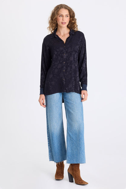 Neptune Textured Satin Snap-Up Blouse Midnight Blue - XCVI
