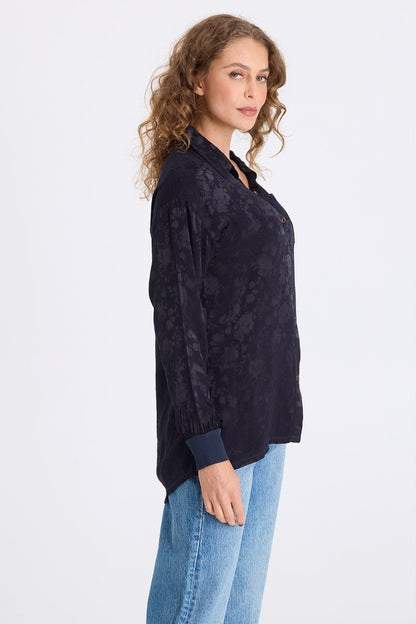 Neptune Textured Satin Snap-Up Blouse Midnight Blue - XCVI