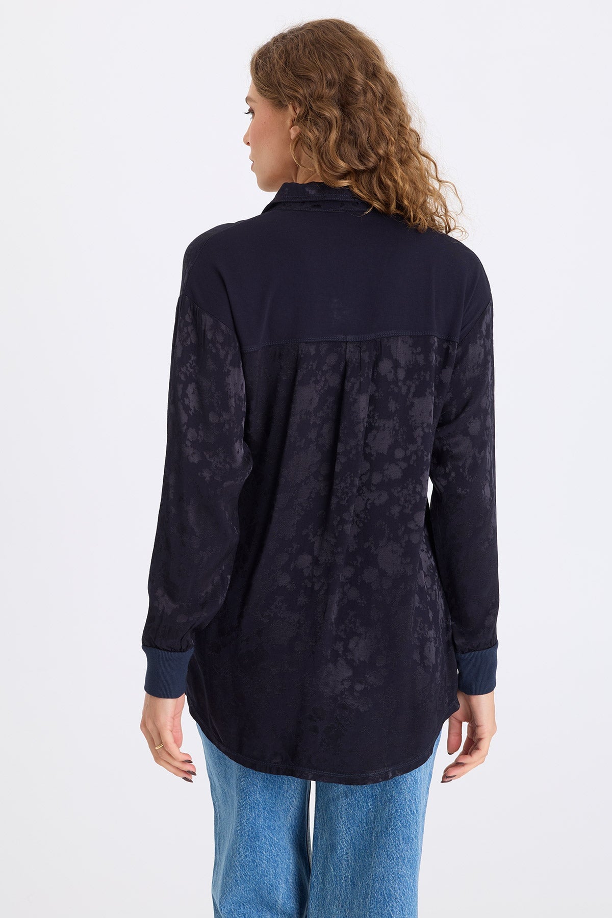 Neptune Textured Satin Snap-Up Blouse Midnight Blue - XCVI