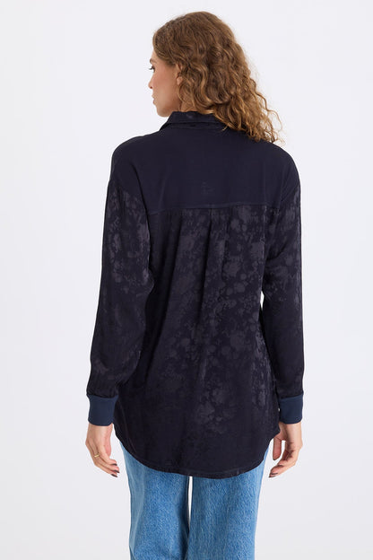 Neptune Textured Satin Snap-Up Blouse Midnight Blue - XCVI