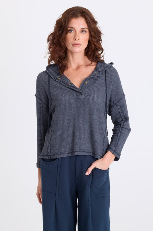 Pany Thermal Henley Hooded Long Sleeve Top Midnight Blue - XCVI