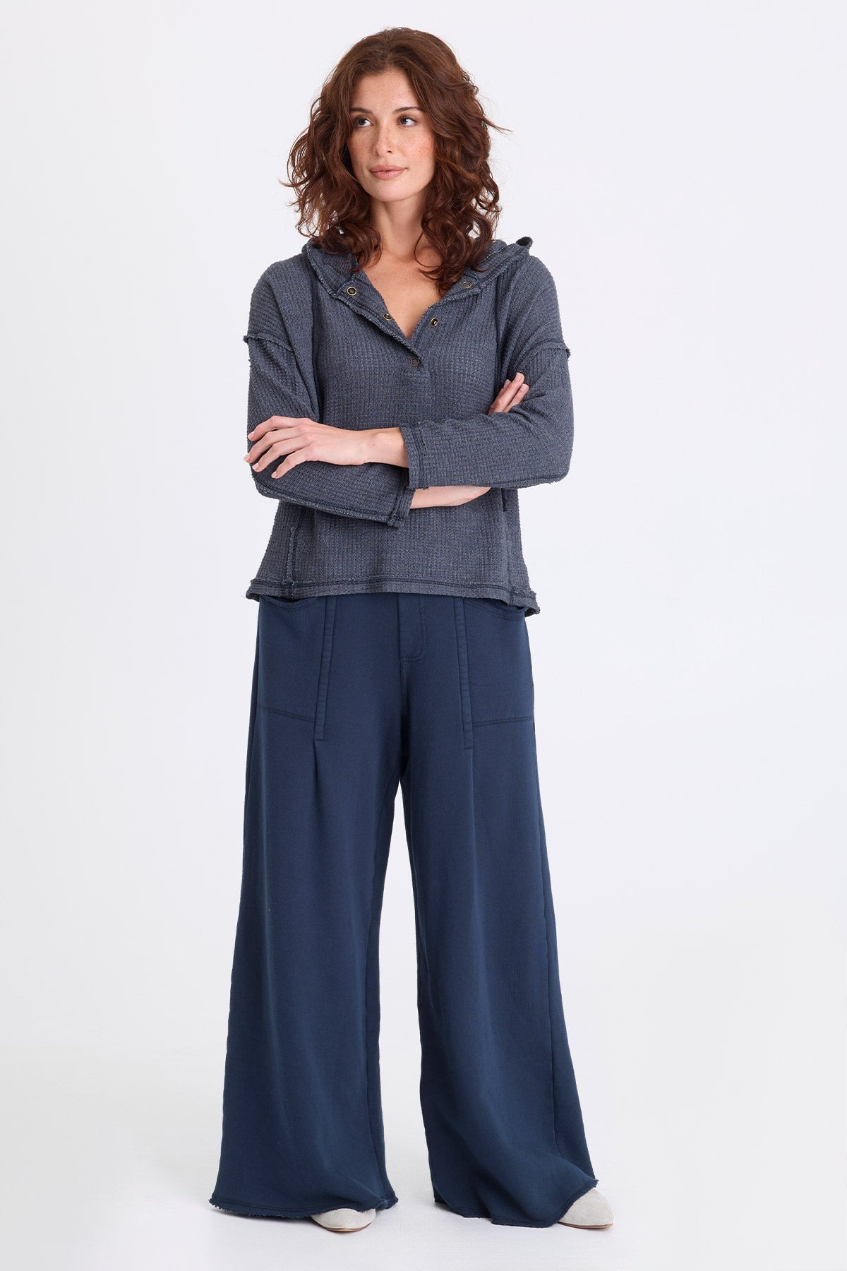 Pany Thermal Henley Hooded Long Sleeve Top Midnight Blue - XCVI