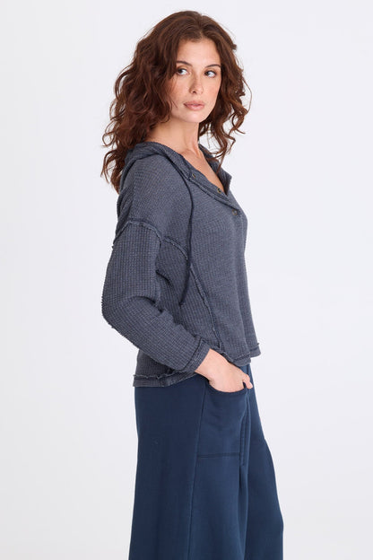 Pany Thermal Henley Hooded Long Sleeve Top Midnight Blue - XCVI