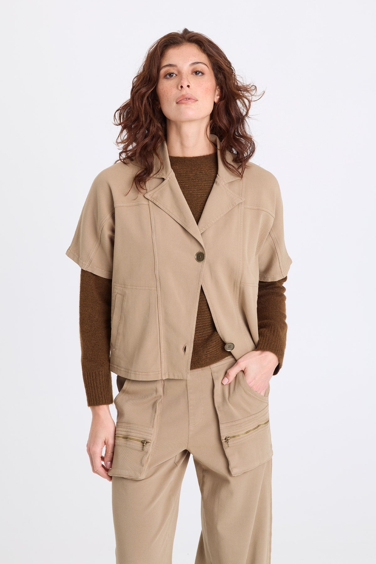 Nevo Twill Capelet-Style Short Sleeve Boxy Jacket Safari - XCVI
