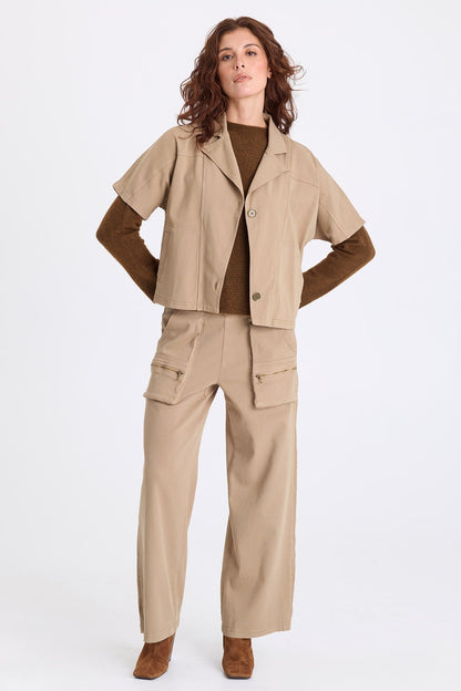 Nevo Twill Capelet-Style Short Sleeve Boxy Jacket Safari - XCVI