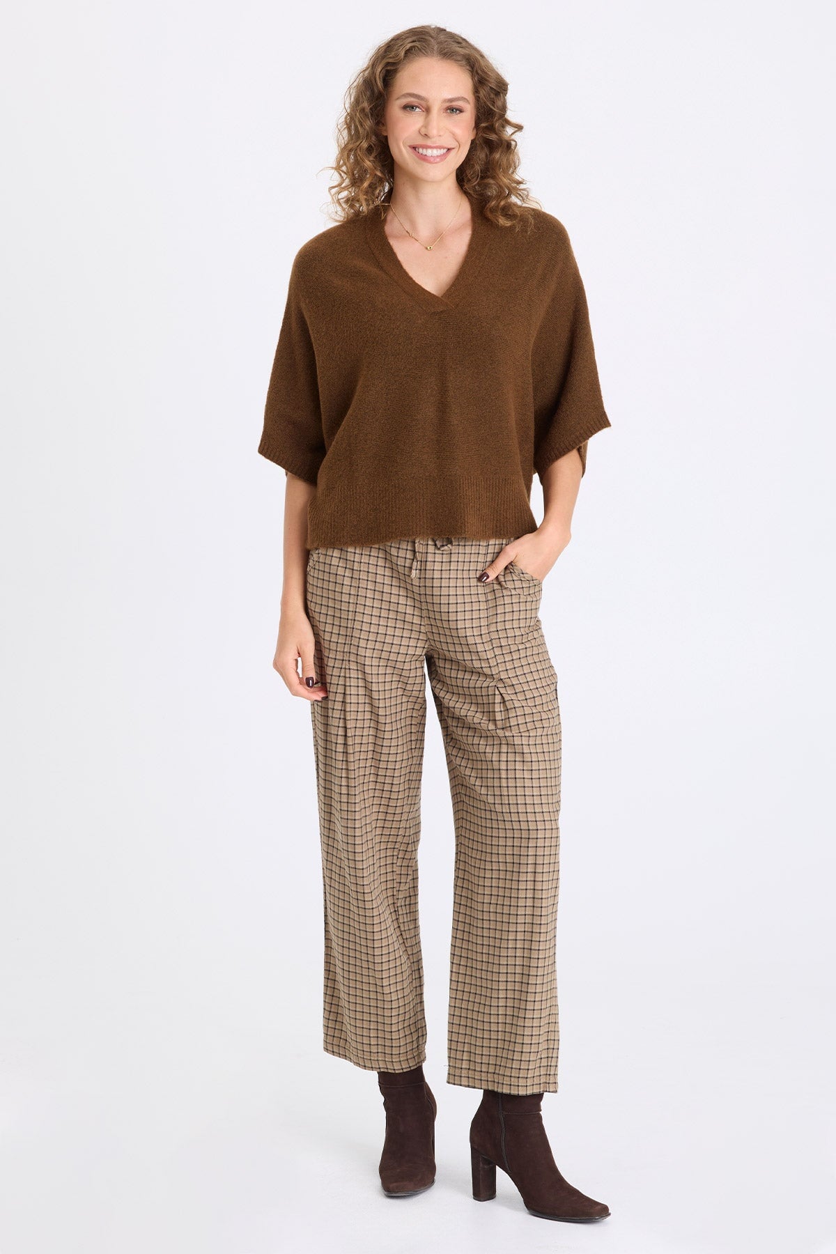 Atemu Sweater Knit V-Neck Poncho-like Short Sleeve Pullover Mocha - XCVI