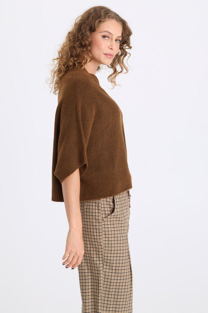 Atemu Sweater Knit V-Neck Poncho-like Short Sleeve Pullover Mocha - XCVI