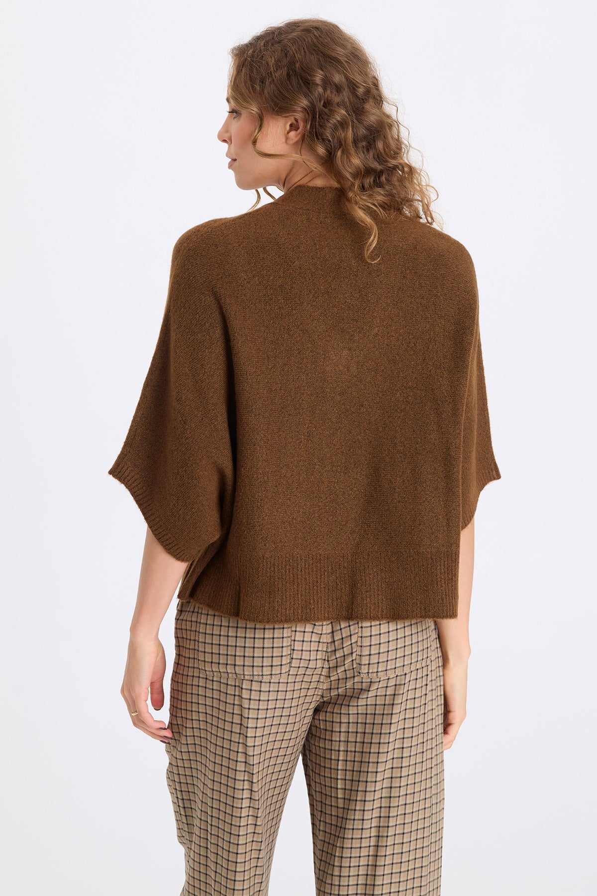 Atemu Sweater Knit V-Neck Poncho-like Short Sleeve Pullover Mocha - XCVI