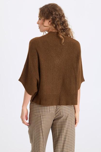 Atemu Sweater Knit V-Neck Poncho-like Short Sleeve Pullover Mocha - XCVI