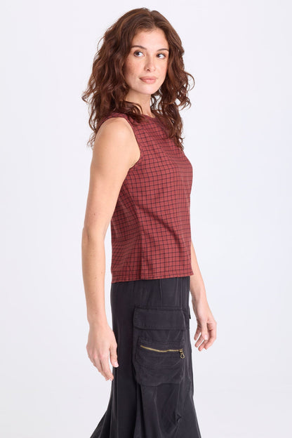 Sanar Tattersall Plaid Asymmetric Tank Twinberry - XCVI