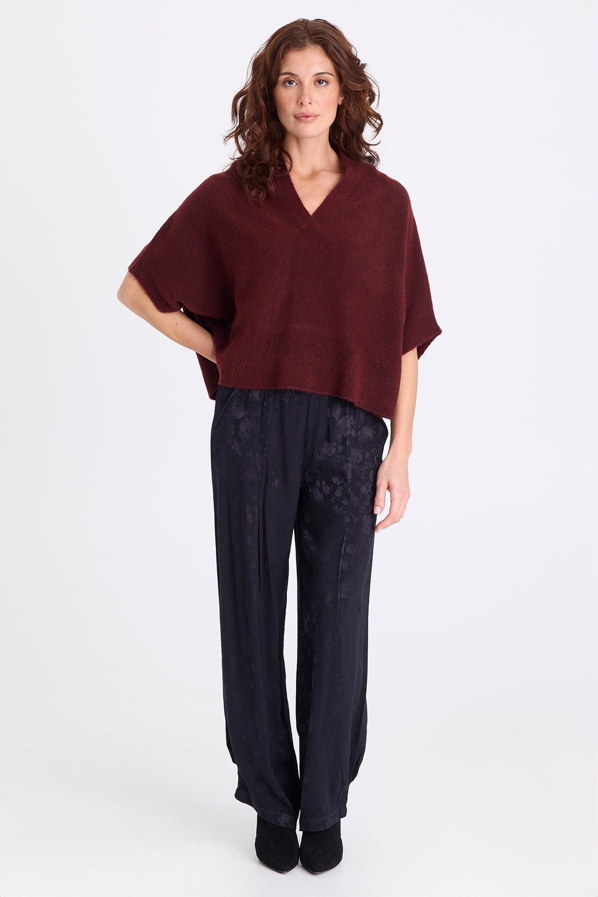 Atemu Sweater Knit V-Neck Poncho-like Short Sleeve Pullover Berry Jam - XCVI