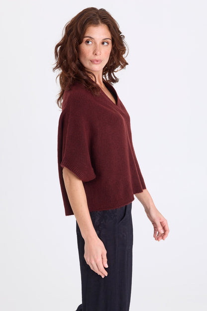 Atemu Sweater Knit V-Neck Poncho-like Short Sleeve Pullover Berry Jam - XCVI