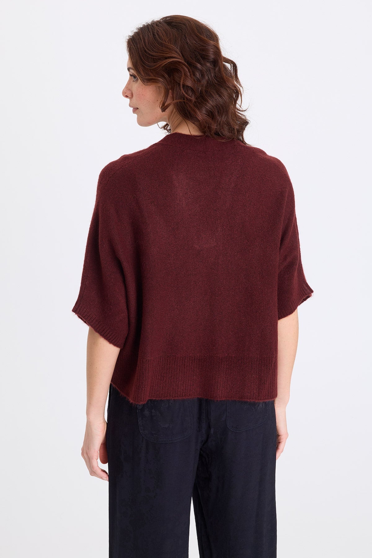 Atemu Sweater Knit V-Neck Poncho-like Short Sleeve Pullover Berry Jam - XCVI