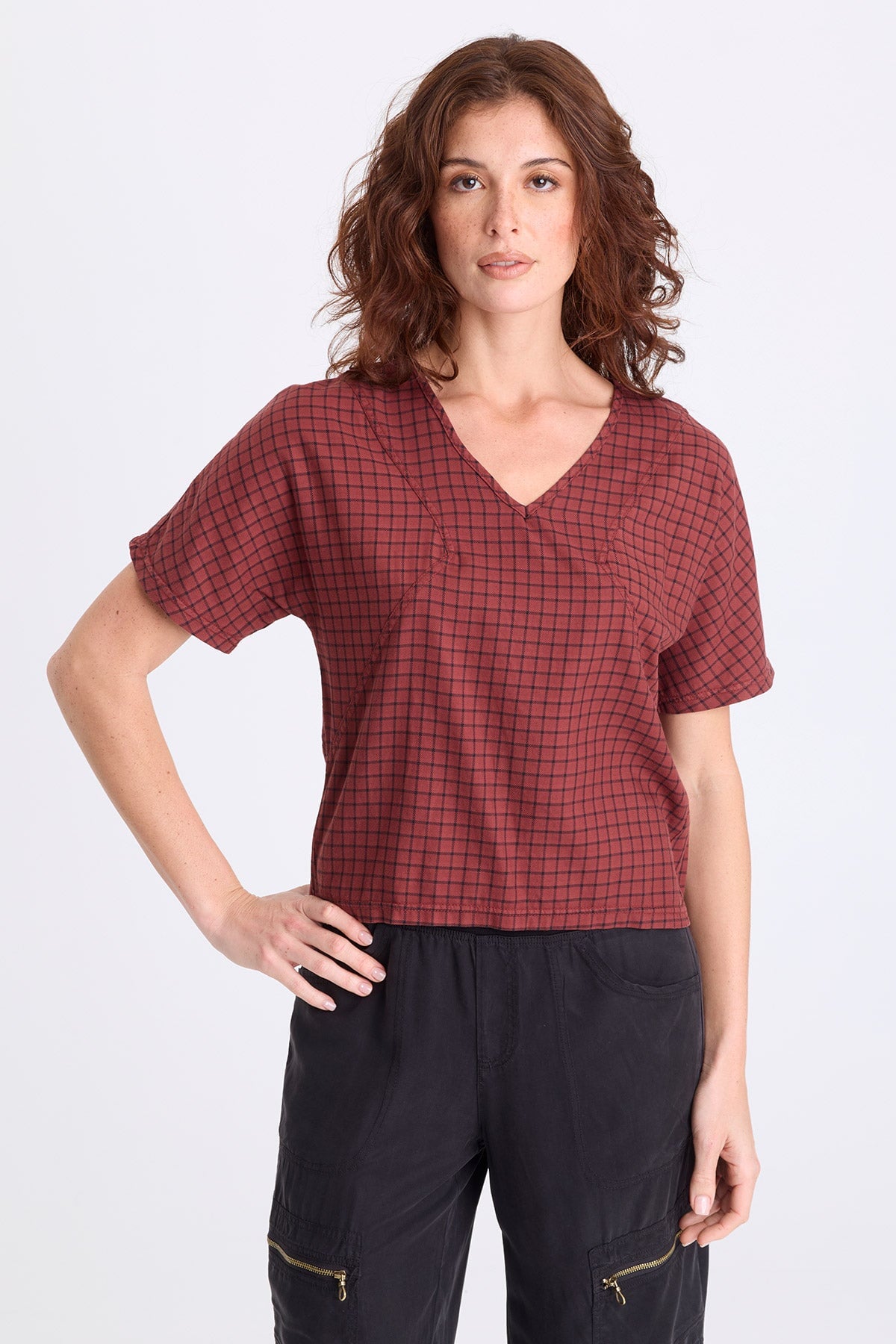 Bashir Tattersall Plaid V-Neck Top Twinberry - XCVI